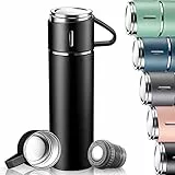 Thermosflasche mit Becher und Griff, 500ML Thermobecher Auslaufsicher, Doppelwand Edelstahl Thermoskanne, Trinkflasche Vakuum Hält 12 Stunden Heiß/Kalt, für Unterwegs, Kinder, Sport (Schwarz)