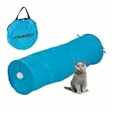 Relaxdays Katzentunnel faltbar, Katzenröhre mit Spielzeug, interaktiver Katzen Spieltunnel, BxD: ca. 90 x 25 cm, Blau