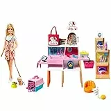 Barbie Pet Salon, 1x Puppe mit blonden Haaren, Welpe, Kätzchen, Haustierzubehör, Zubehör, 25 Teile, Farbwechseleffekt, Geschenke für Kinder ab 3 Jahren, GRG90