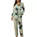 Dwevkeful Schlafanzug Damen Lang, Langarm Langhose Winter Pyjama aus Baumwolle | Warmer Hausanzug mit Weiten | Kuscheliger Pyjama für Kalte Nächte, R, M