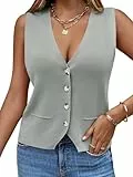 Saodimallsu Damen Ärmellos Pullover Weste Stricken V Hals Knopf Mode Lässig Lose Strickjacke Hellgrau, M