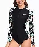 SURFEASY Damen Rash Guard Full Zip Langarm UV Shirt Schnelltrocknend Sonnenschutz UPF50+ Surf Schwimmen Bademode (Schwarz/Blätter,L)