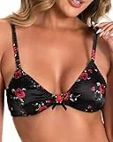 Satini Bügelfreies Seidensatin‑Bralette - Verstellbare Träger, Elegante Dessous, Sissy‑BH (Schwarz - Rote Rosen, XL)