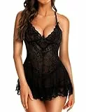 RSLOVE Babydoll Dessous Damen Spitze - Negligee Sexy Unterwäsche Nachtwäsche Kleid Schwarz M
