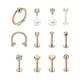PiercingJak 12er 16G Lippenpiercing Set Labret Stecker Septum Hufeisen Ring aus Chirurgenstahl Acryl Piercing für Helix Tragus Monore Nase Ohr Lippe Zunge Punk Schmuck Unisex, Rosegold
