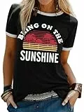WIEIYM T-Shirt Damen Bring On The Sunshine Tshirt Sommer Lässig Tee Shirt Rundhals Kurzarm T-Shirts Brief Gedruckt Bluse Tops,A-Schwarz,2XL