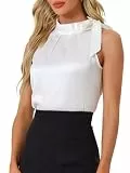 Allegra K Damen Ärmellos Satin Top Elegant Rüschen Stehkragen Bluse Schleife Oberteil Weiß M
