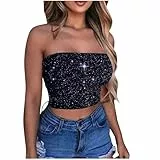 KOG Glitzer Bandeau Top Damen Crop Tops Sexy Tube Glitzeroberteil Frauen Festival Outfit Karneval Kostüm Faschingskostüme Teenager Mädchen Fasching Oberteil Party Y2k Aesthetic Clothes Schwarz M