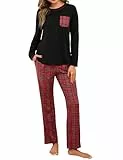 Demegimi Damen Schlafanzug Lang Zweiteilige Schlafanzüge Winter Pyjama Set Rundhals Karierte Pyjamaset