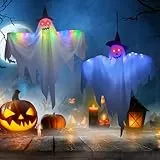Halloween Geister Leuchtend Mit Lichterketten - Gruselige Deko für Garten, Terrasse, Rasen, Vorgarten - 2 Stück Hängende Geister für Draußen