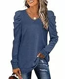 XIEERDUO Pullover Damen Sweatshirt Herbst Elegant Puffärmel Shirt V Ausschnitt Strickpullover Blau Langarm Bluse Langarmshirt L