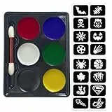 Kinderschminken Set, 6 Farben Face Painting Palette mit 1 Pinsel und 16 Schablonen, Waschbare Gesichtsfarben für Erwachsene Kinder Fasching Halloween Karneval, Ungiftige Bodypainting Farben