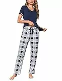 Litherday Schlafanzug Damen Baumwolle Pyjamas Set Kurzarm Nachtwäsche Set Zweiteiliger mit Lang Pyjamahose und Shirt Casual Elastischer Bund Sleepwear