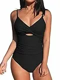 CUPSHE Damen Badeanzug V Ausschnitt Crossover Zierausschnitten Bauchweg Raffungen Einteilige Bademode Swimsuit Schwarz M