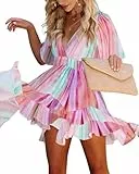 Imily Bela Sommerkleid Damen V Ausschnitt Kurzarm Strandkleid Knielang Blumen A-Linie Drucken Kleid(A-Rosa,M)
