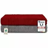 Komfortec 2er Saunahandtuch Set 80x200 cm, Große Saunatücher aus 100% Baumwolle, Sauna Handtücher, Flauschig und Saugstark, Schnelltrocknend, Anhtrazit Grau/Aurorarot