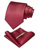 JEMYGINS Seide Krawatte Krawatten und Einstecktuch mit krawattenklammer Set für Herren Seidenkrawatten Hochzeit Schlips tiefrot