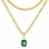 Mesovor Goldene Geschichtet Ketten Halsketten mit Anhänger Kristall, 18 Karat Vergoldete Figaro und Schlangenkette Halsband Halskette für Frauen Mädchen Schmuck Geschenke (Grün)