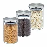 Relaxdays Vorratsgläser 3er Set, 800 ml Nudelglas, luftdicht, Edelstahldeckel, Vorratsdose für Küche, transparent/silber, 15 x 9,5 x 9,5 cm