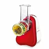 Moulinex Fresh Express Plus, Elektrisches Schnitzelwerk, Gemüseschneider, Gemüsehobel, 5 Einsätze inkl. Reiben, 150W, Metallic-rot, weiß, Made in France, DJ756G