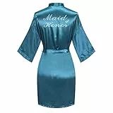 GOODSALEOK Damen Satin Robe Kurz Kimono für Braut & Brautjungfer mit Silber Strass Hochzeit Party Roben, Dunkelgrün, Einheitsgröße