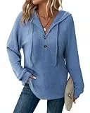 Tanmolo Pullover Damen Hoodie V-Ausschnitt Kapuzenpullover Knopfleiste Leichter Strickpullover Langarm Sweatshirt Tops Blau-Melange, L