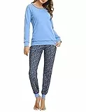 Litherday Schlafanzug Damen Lang Pyjama Baumwolle Nachtwäsche Winter Pyjama Set mit Sternenmuster Zweiteiliger mit Rundhals Sleepwear