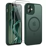 HGH 3 in 1 für iPhone 12 Hülle mit Kameraschutz für Magsafe, mit 2 Schutzglas, [Militärschutz] Durchscheinende Rückseite Magnetisch Hülle für iPhone 12 Case, Dunkelgrün
