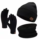 Bequemer Laden Wintermütze Herren Strickmütze, Rundschal, Touchscreen Handschuhe - Sets, Warme Handschuhe Winterschal und Mütze mit Fleecefutter, Schwarz, Einheitsgröße