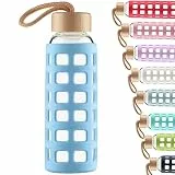 Cleesmil Sport Trinkflasche Glas Wasserflasche mit Silikonhülle mit Bambus Deckel 1000 ml (Blau)