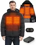 HEWINZE Beheizte Kapuzenjacke für Herren – elektrische Dual-Control-Heizungs-Wärmejacke mit 7,4-V-Akku, EU 2X-Groß, Schwarz