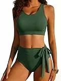 Ekouaer Bikini Damen Set Push Up Badeanzug Zweiteiliger Sexy Bauchweg High Waist Sommer Bademode Strand Bikinis Swimsuit Armeegrün L