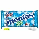 Mentos Kaubonbons Mint, Dragees mit Pfefferminz-Geschmack für frischen Atem, Multipack, Bonbon Vorrats-Packung, Verkaufsdisplay (4 Rollen), vegan