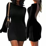 MeeQee Damen Langarm Mini Kleid Sexy Rückenfrei Schnürung Figurbetontes Flare Kleider Elegantes Bodycon Minikleid Eng Kurzes Party Club Dress