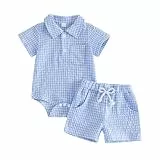 Baby Jungen Kleidung Sommer Zweiteilige Outfit Musselin Kurzarm Karierte Tops + Shorts Set Kleinkind Einfabrige Bekleidungssets für Baby-Jungen Weiche Babykleidung (Blau, 0-3 Monate)