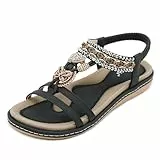 Acfoda Damen Sandalen Sommer mit Strass Bohemian Sandaletten Flach Offene Sommerschuhe Frauen mit Weiches Fußbett Outdoor Freizeit Strand Schuhe Schwarz 38 EU = 39 CN