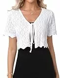 Gyabnw Damen Bolero Elegante Boleros Strickjacke Kurzarm Cardigan Aushol Festlicher Bolerojacke Schnüren Sommer Blazer Jäckchen Bolero für Abendkleider Hochzeit Strand Cocktailkleid WeißXXL