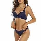 SHEKINI Dessous Damen Sexy Unterwäsche BH mit Bügel Spitze Push Up BH und Tanga Rückenfrei Tiefer Ausschnitt Dessous Set Lingerie,Blau,34/75C