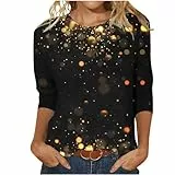 Tshirt Damen 3/4 Arm Pailletten Oberteil Shirt Lässig Rundhals Tunika Longshirt Festliche Glitzer Langarmshirt Elegant Bluse Tops Neuartige Drucke Sommershirt Baumwolle Liebe Sportshirt