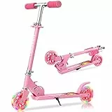 TENBOOM Kinder-Scooter im Alter von 6-12 Jahren, einfach zusammenklappbar mit verstellbarem Lenker und Hinterradbremse, leuchtender Roller für Mädchen und Jungen, Rosa