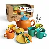 alldoro 60422 Teeservice Kinderküche, 15-TLG. Set aus nachhaltigem Kunststoff-Weizenstroh, Rollenspiel Geschirr ab 3 Jahren, Indoor & Outdoor