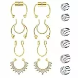 WillTen 8 Stück Fake Septum Nasenring zum Aufstecken, ohne Nasenpiercing mit 6 Stück Fake-Nasensteckern goldene Fake Lippen Ohr Septum Ringe Creolen Ohrstecker ohne Piercing für Frauen