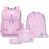 Amythe Set 4-teilig Schulranzen Mädchen Ergonomischer, Schulrucksack Mädchen der ab 1. Klasse, Rucksack Kinder mit Brustgurt, Reflektoren, Abnehmbarer Gürtel, Schmetterlingsmotiv