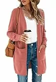 Saodimallsu Strickjacke Damen Lang Leicht Cardigan Langarm Open Front Strickpullover Einfarbig Freizeit Strickmantel Outerwear mit Tasche Dunkelrosa XXL