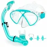 Schnorchelset für Kinder,Taucherbrille und Trocken Schnorchel,Taucherbrille Kinder mit Leichtes Atmen Dry Schnorchel, Panorama-Weitblick Tauchmaske Schnorchelmaske Tauchen Set (Aqua Green)