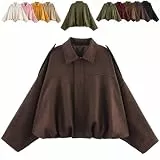 Generisch 2025 Womens Faux Suede Bomber Jacket Lapel Collar Zip Front Coat Long Sleeves Trendy Y2K Streetwear Outerwear (Coffee,M)