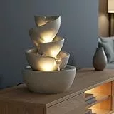 LED Zimmerbrunnen Springbrunnen Innen- & Außenbrunnen aus Polyresin, 39 cm hoch, mit warmweißen LED-Spots, Gartenbrunnen – Deko Brunnen für Wohnzimmer, Büro & Garten