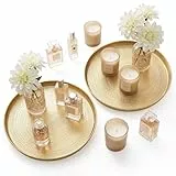 Deko Tablett Gold Rund 34 cm Elegante Vintage Dekoschale Metal für Kerzen Parfüm Modernes Serviertablett Gold für Tischdeko Wohnzimmer Adventskranz Teller Dessert Kosmetik Schmuck Kerzen Tee-Set Vasen
