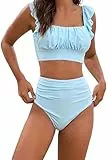 Ocean Plus Damen Volant Bikini Set Rüschen Bikinis mit Hoher Taille Dreiteiliger Bikini-Set Pareos Bikini Cover Up (S (EU 34-36), Himmelblau)