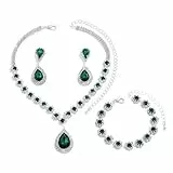 FDEETY Schmuckset für Damen Modische Elegante Schmuck Braut Tropfen Halskette Armbänder Strass Ohrringe Set Anhänger Schmuck Set Geschenke Schmuck(Grün)